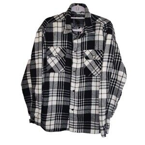 Reason Flannel Mens Shirt Jacket Large Black White Plaid Snaps Pockets Shacket